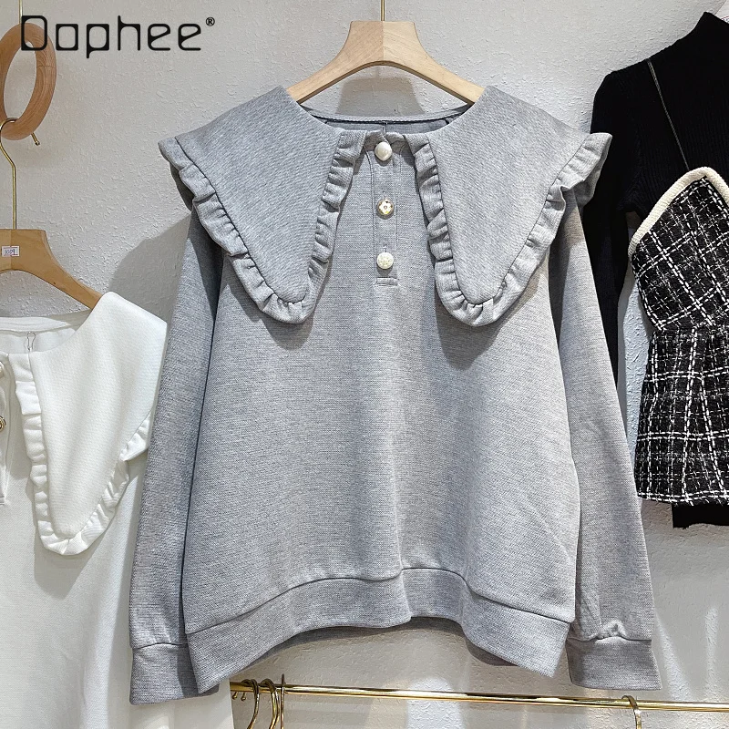 

Новинка 2021, Ранняя осень, корейские свободные облегающие свитшоты с кружевным кукольным воротником и пряжкой, Женский Свободный Повседневн...