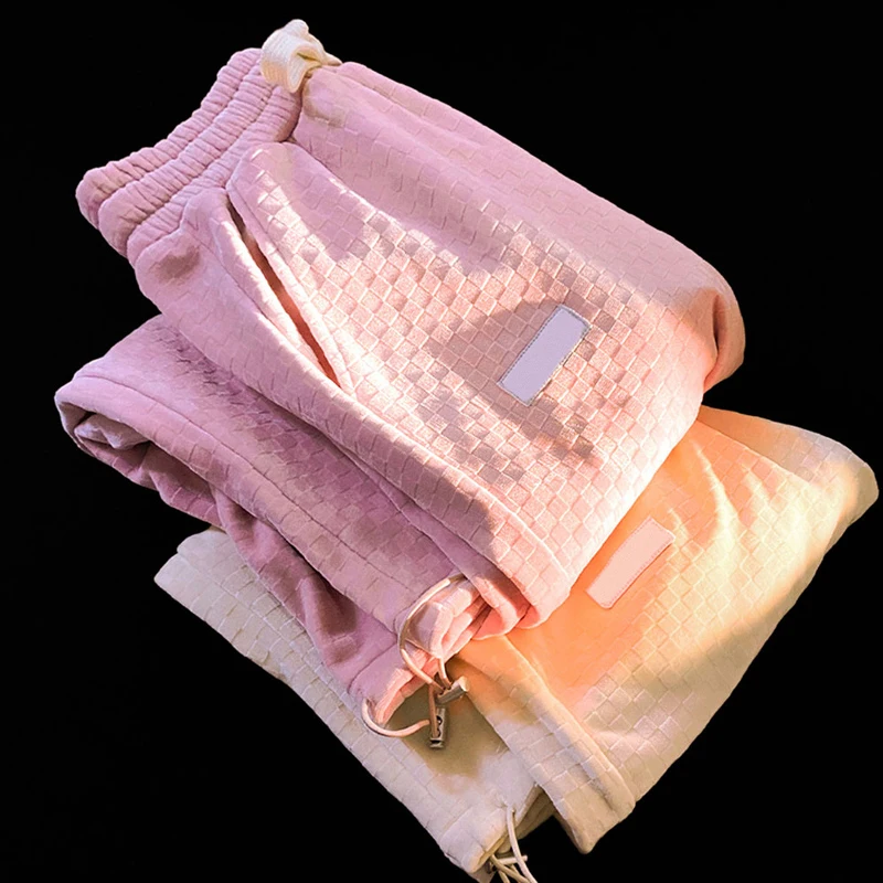

DAYIFUN Pants Loose Fleece Waffle Plaid Pencil Sweatpants Harajuku Fleece Winter Fall Trousers Sweet Fashion Drawstring Clothes