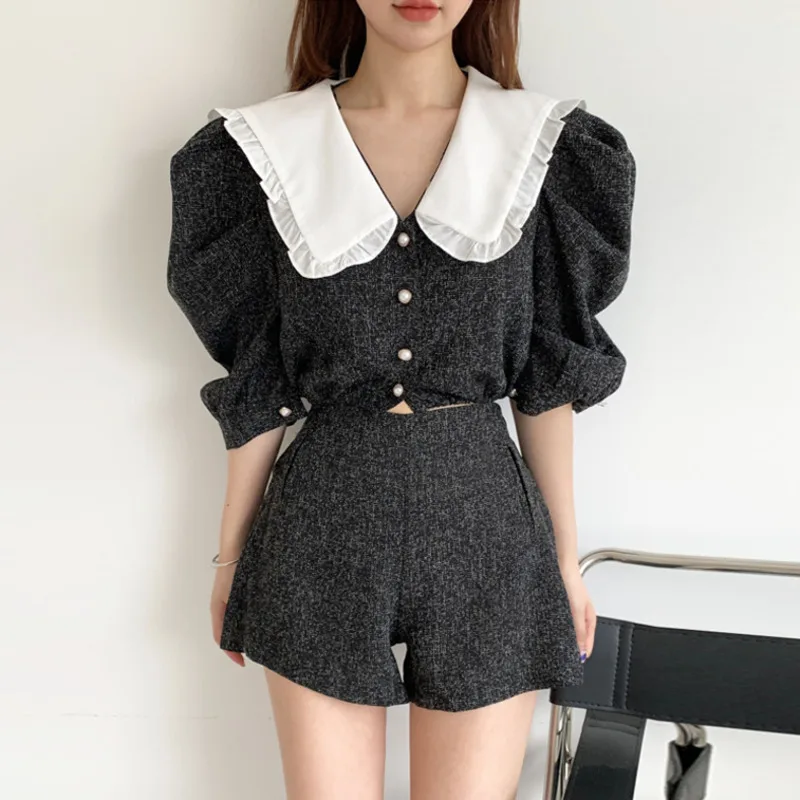

Korean Elegant Vintage Crop Top Pants Set Women Fashion Two Piece Set Women Puff Sleeve Shirt Elastic Waist Shorts 2 Piece Suits