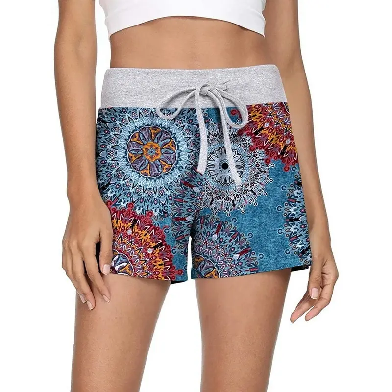 

Puimentiua Summer Drawstring Print Shorts Female Elastic High Waist Loose Shorts Women Fashion Soft Beach Casual Sport Shorts