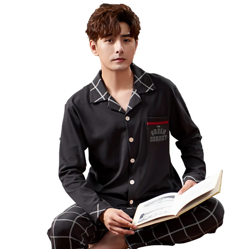 

Pure Cotton Spring and Autumn Thin Long-sleeved Youth Casual Autumn and Winter Home Service Suit Men's Pajamas Ensemble Homme