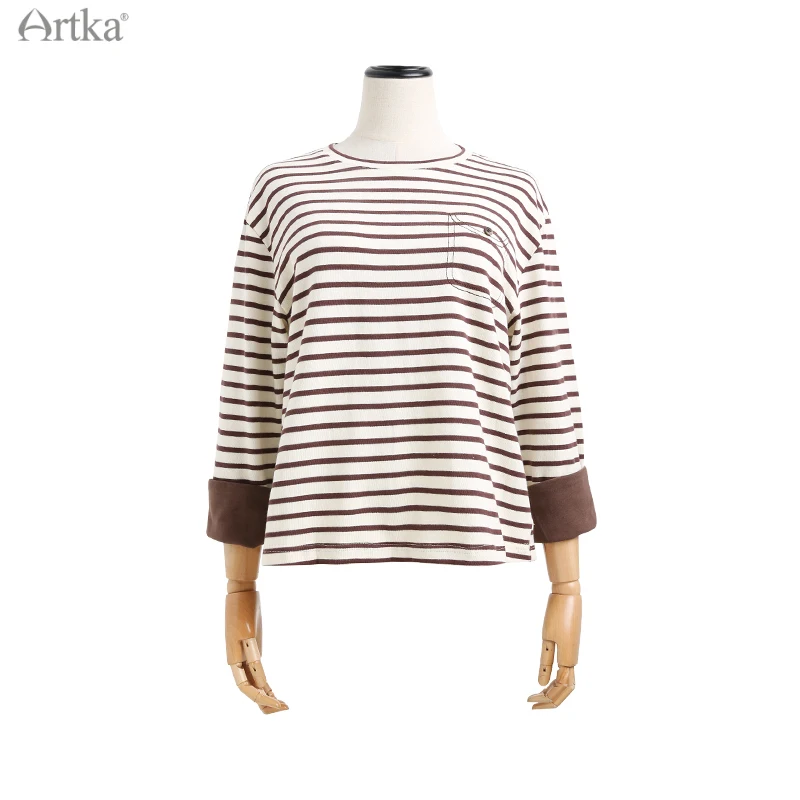 Женская футболка в полоску ARTKA белая Повседневная Свободная из 2021 хлопка с