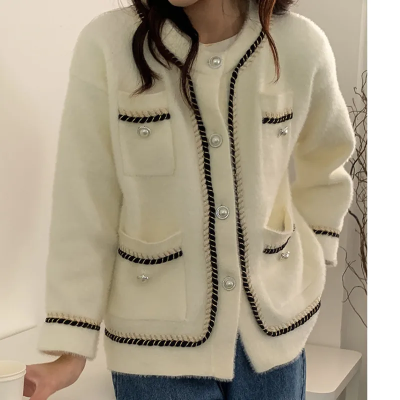 

Свитер контрастных цветов с длинными рукавами, пальто, кардиган, женский свободный и Тонкий Повседневный свитер, модный топ на осень и зиму ...