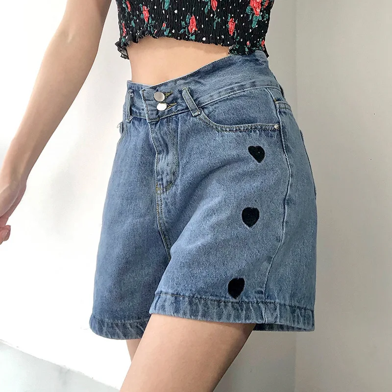 

Korean love embroidery Jeans Shorts high waist blue jeans women's summer new double button wide leg shorts biker shorts Cotton