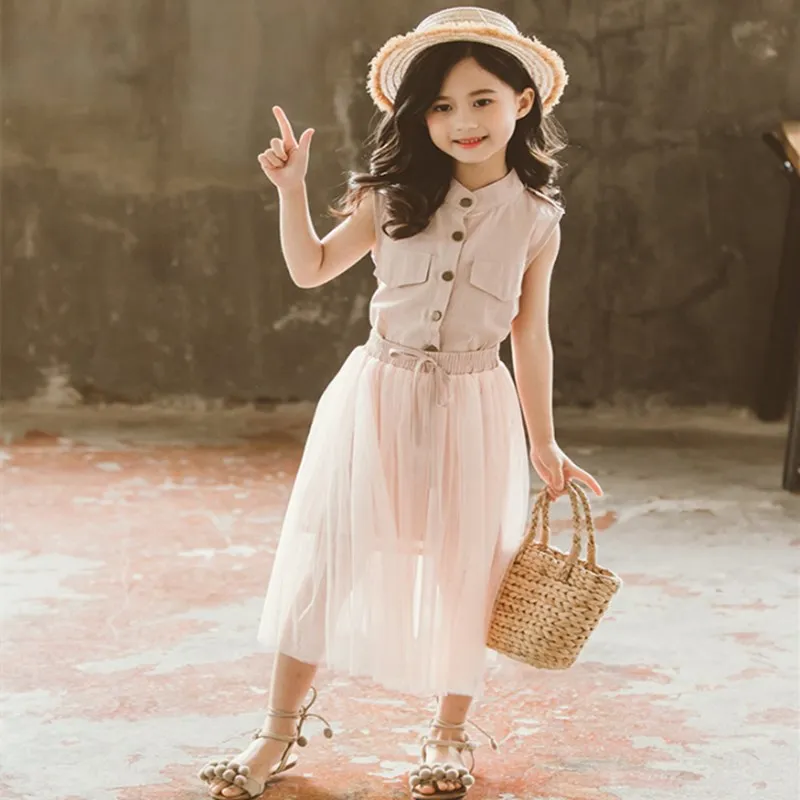 Летние Детские комплекты одежды для девочек футболка + фатиновая юбка Костюмы