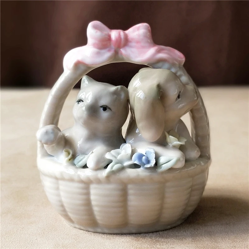 Фарфоровая корзина фигурка котенка керамический цветочный щенок миниатюрный