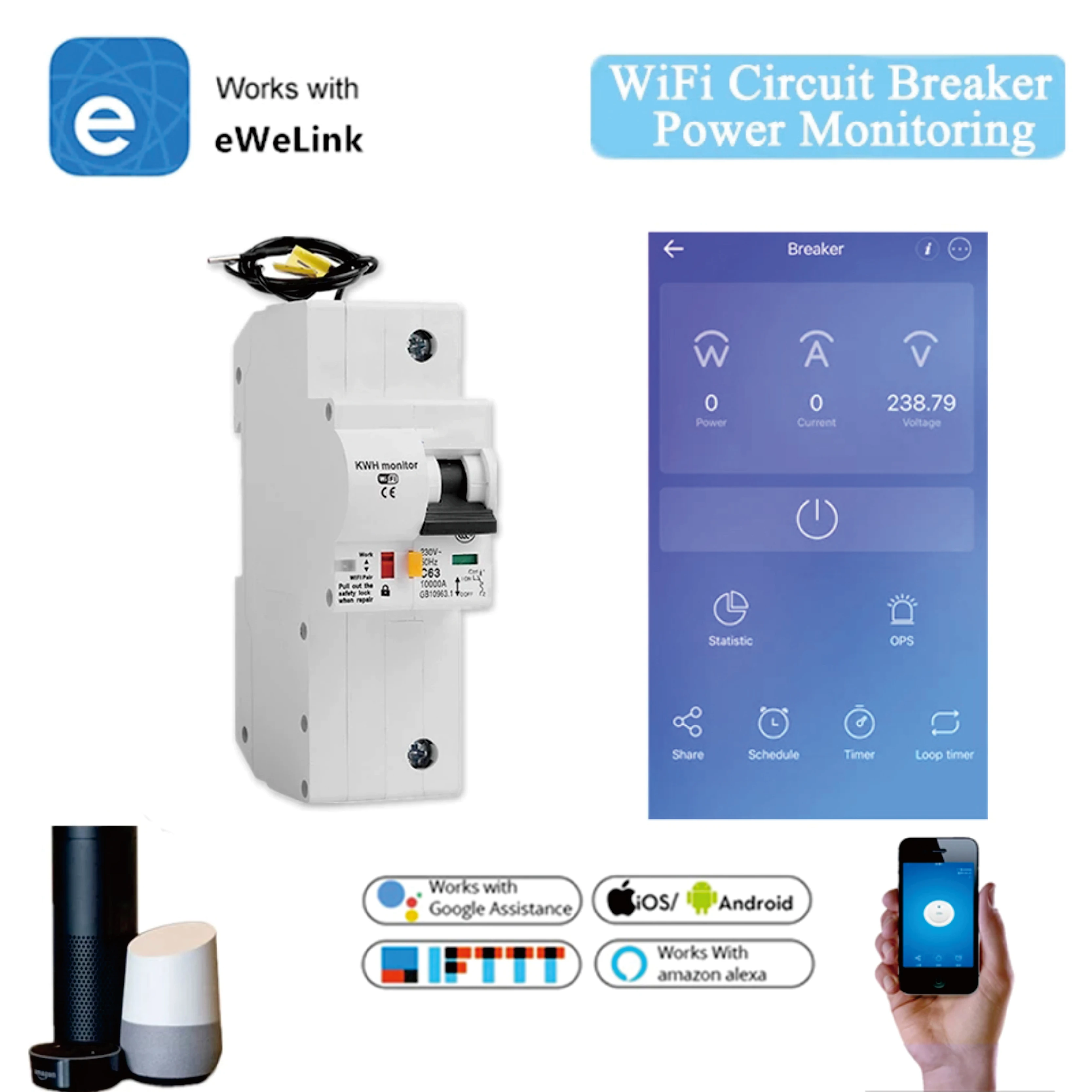 

Умный автоматический выключатель Wi-Fi 1P WiFi MCB с мониторингом энергии, приложение eWelink, беспроводное управление, совместимое с Alexa IFTTT Google