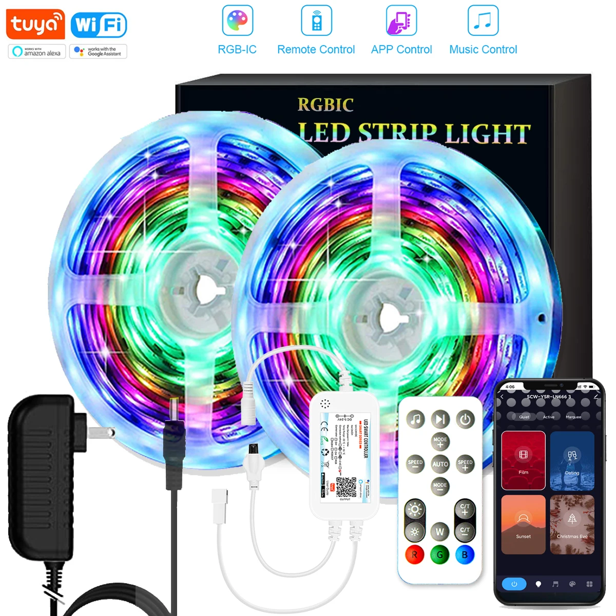 

12V Tuya Wifi Controller 16Key Remote control Revolving Chasing RGBIC 5050 2811 RGB LED Strip Light Music Sync For Alexa Google