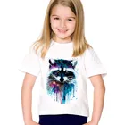 Летние белые футболки с коротким рукавом для девочек, детские футболки с акварельным принтом из енота, Детские повседневные топы для мальчиков, одежда для маленьких девочек