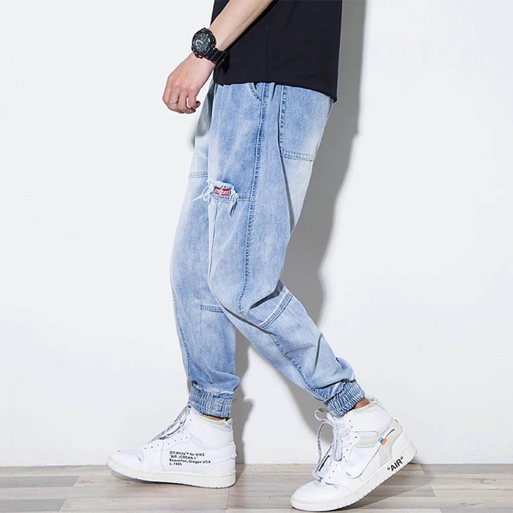 Джинсы мужские свободные в стиле хип-хоп синие на весну 2021 7XL размера плюс |