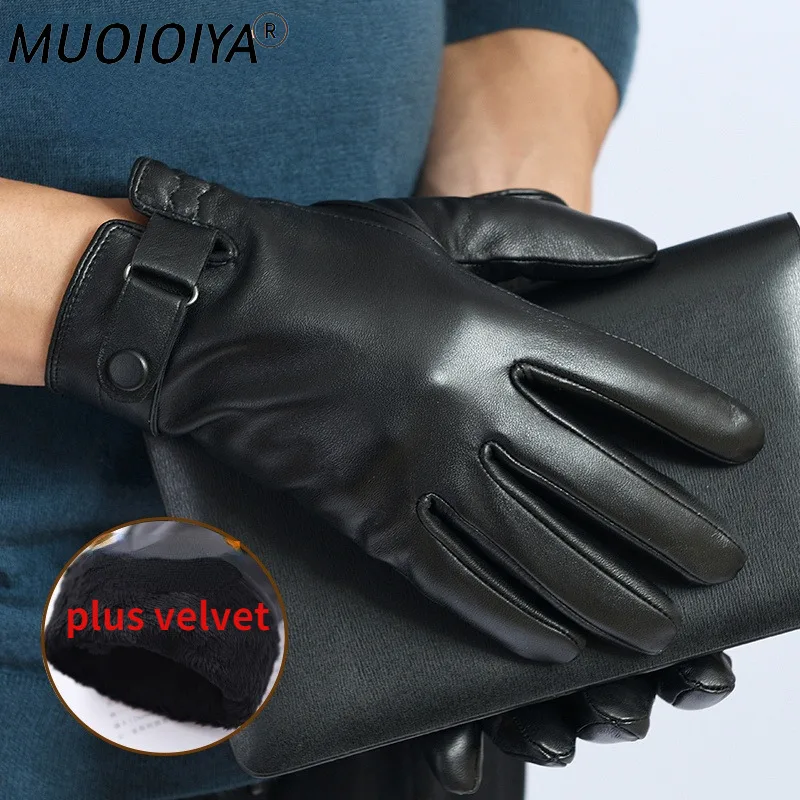 

MUOIOYIA Men Genuine Sheepskin Leather Gloves Black Touch Screen Full Fingers Gloves Male Warm Thick Winter Wear Guantes SQQ382