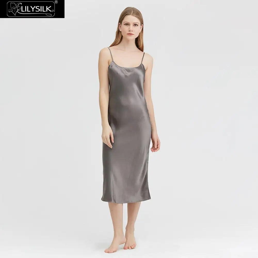 Dark Gray LilySilk Женщин шелковой ночной рубашке шелк сатин ткани полная длина женственный 22 momme ночная сорочка на тонких бретельках Эротическое белье ОДЕЖДА ДЛЯ СНА шелковой - Цвет: Dark Gray