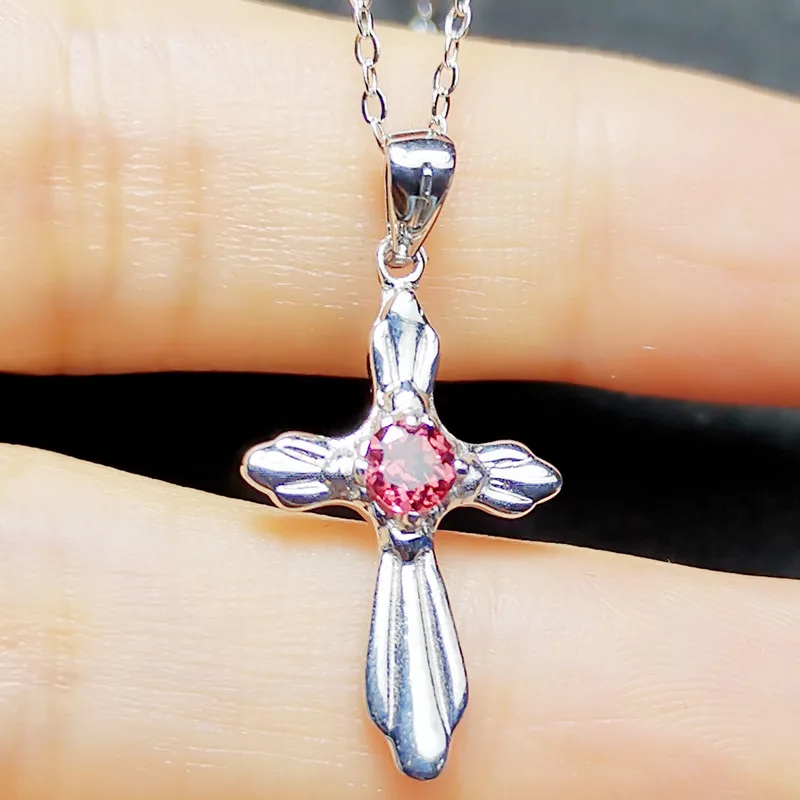 С натуральным гранатом крест ожерелье кулон Бесплатная доставка 925 серебро