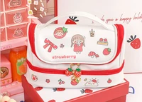 lovely colorful strawberry pencil bag with handle stationery double layer pencil case cute cartoon pen bag pink girls
