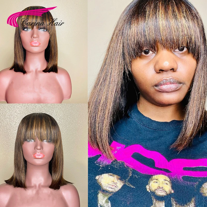 Highlight Blonde Color Brazilian Straight Bob Wig with Bangs Remy Human Hair Wigs For Women Glueless Machine Made Wigs for Women