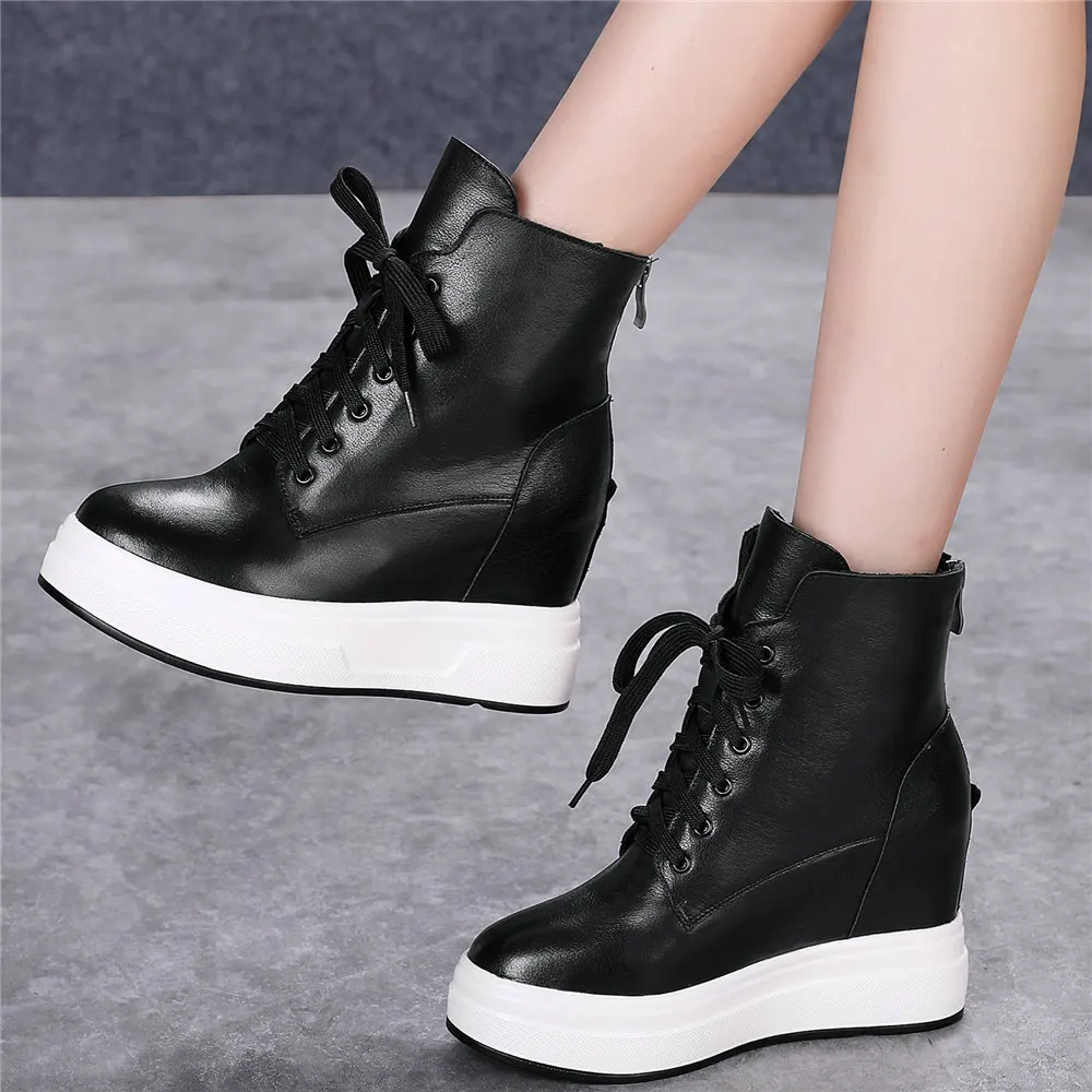 Fashion Sneakers Women Genuine Leather Wedges High Heel Ankle Boots Female Winter Round Toe Platform Pumps Shoes Casual Shoes