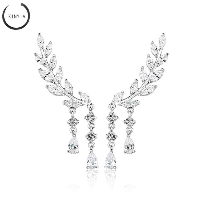 Модные длинные серьги подвески с кристаллами циркония в форме листа для женщин и