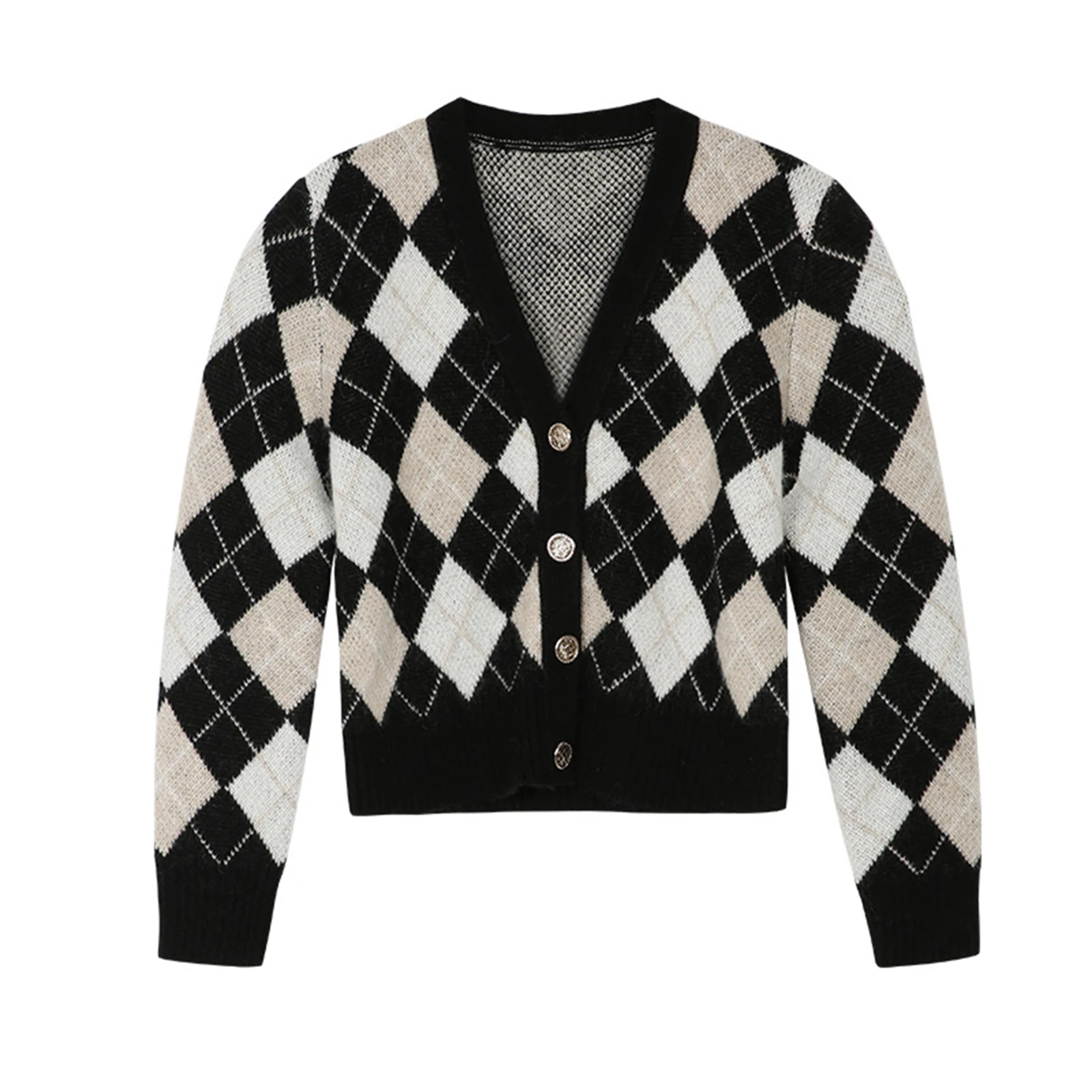 

Women Knitted Cardigan, Black Rhomboid Pattern Long Sleeve Buttons Open Front Coat, S/ M/ L