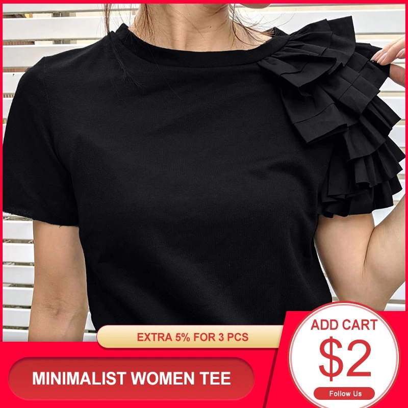 

Женская футболка с коротким рукавом, минималистская, черная, белая, летняя, с рюшами, в корейском и японском стиле
