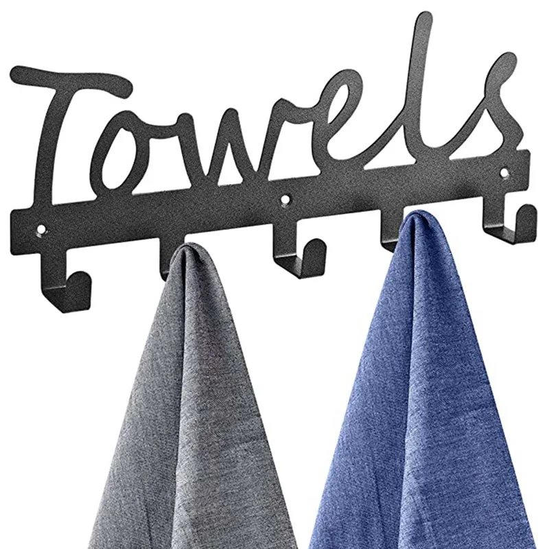 

1pcs New Towel Racks 5 Hooks Black Metal Wall Mount Rustproof And Waterproof Towel Holder Kitchen Bathroom Accessories