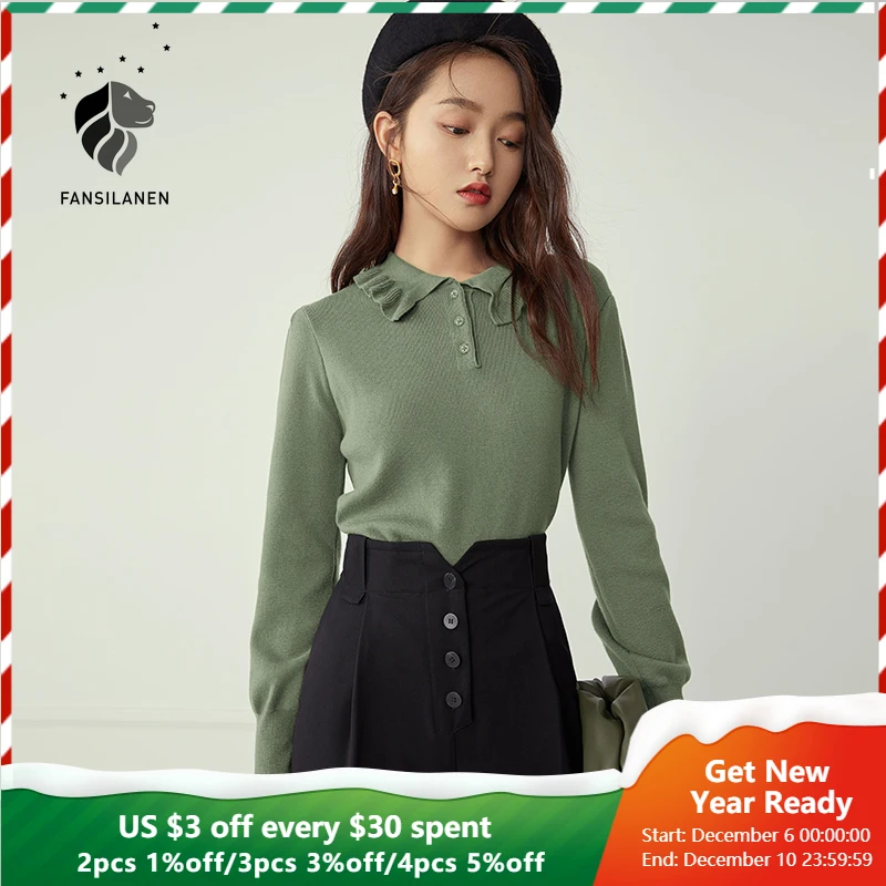 

FANSILANEN Polo Ruffle Retro Knitted Sweater Women Autumn Winter Long Sleeves Black Pullover Female Elegant Green Jumper Tops