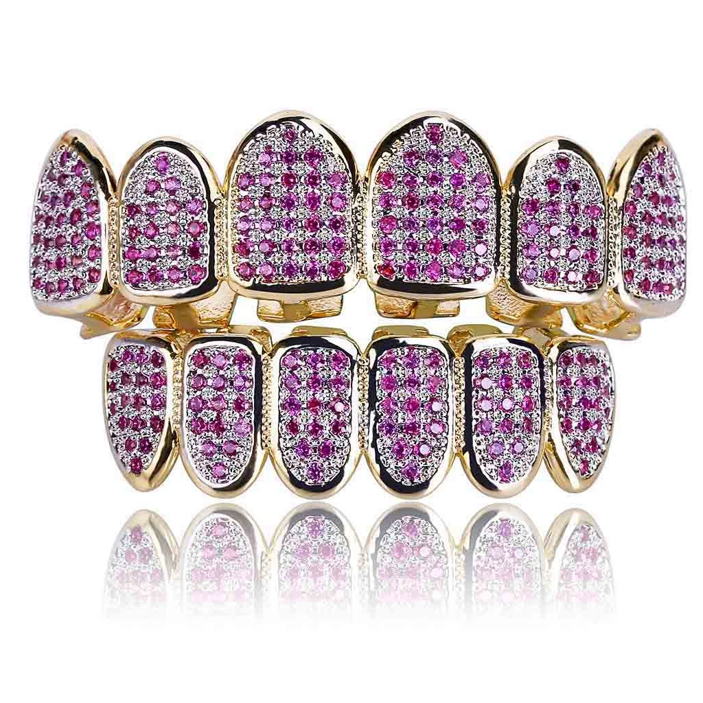 

Pink & Purple Crystal Hip Hop 6 Open Face Fangs Teeth Grills Set