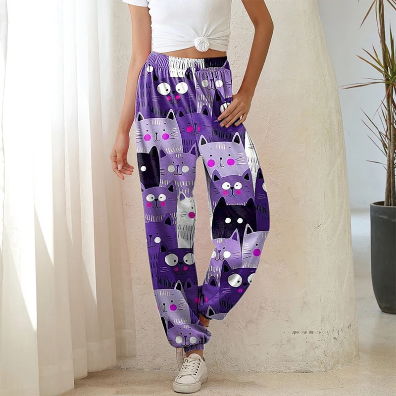 

Women Cat Print Hip Hop Sweatpants Trouser 2021 Spring New Casual Sports Elastic High Waist Pants Loose Streetwear Trousers