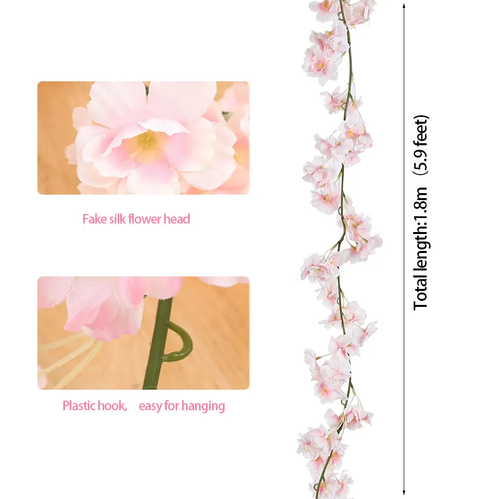 

4pcs 1.8M Artificial Cherry Blossom Flower Rattan Wedding Garland Ivy Decoration Fake Silk Flower Vine for Party Home Decoration