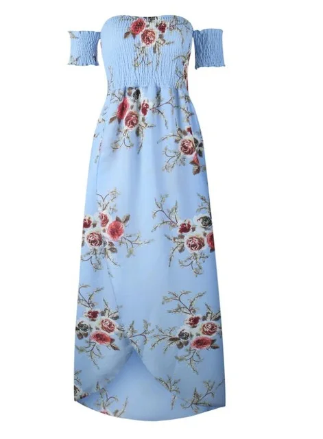 Шифоновое длинное платье для женщин с открытыми плечами макси платья vestidos сексуальное Белое летнее пляжное платье с разрезом в стиле бохо - Цвет: Blue