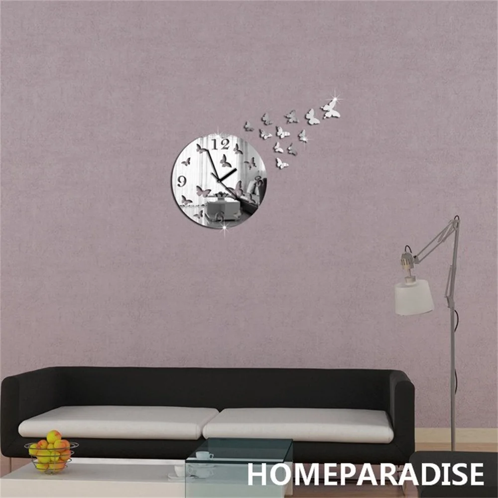 Diy 3d бабочки Искусство с украшением в виде кристаллов зеркальные настенные часы