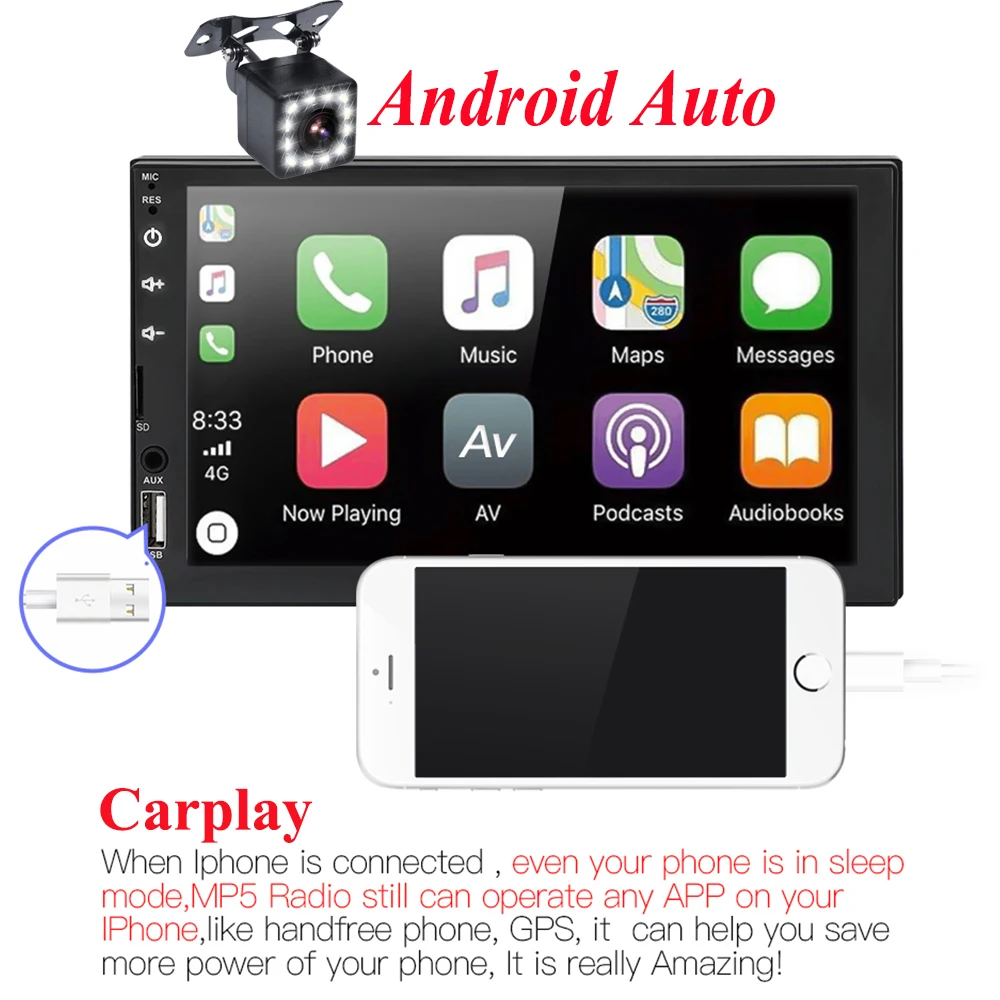 2 din автомагнитола " HD сенсорный экран плеер Android Авто Carplay мультимедиа MP5 FM/USB/AUX/Bluetooth автомобильный аудио для камеры заднего вида