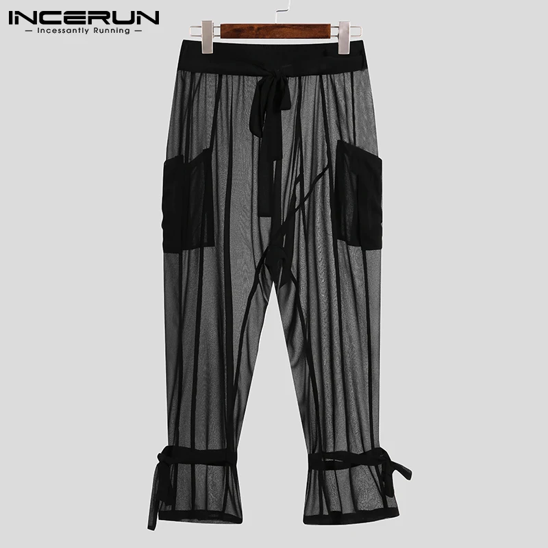

Men Mesh Pants See Through Lace Up Pockets Solid Sexy Trousers 2021 Breathable Streetwear Loose Pantalones Hombre S-5XL INCERUN