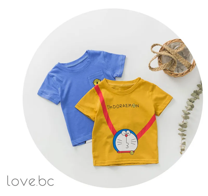 KIKIKIDS/Летняя футболка с героями мультфильмов для малышей Топы с короткими рукавами для маленьких мальчиков и девочек, Doraemon, Детская летняя одежда в Корейском стиле футболки с героями мультфильмов