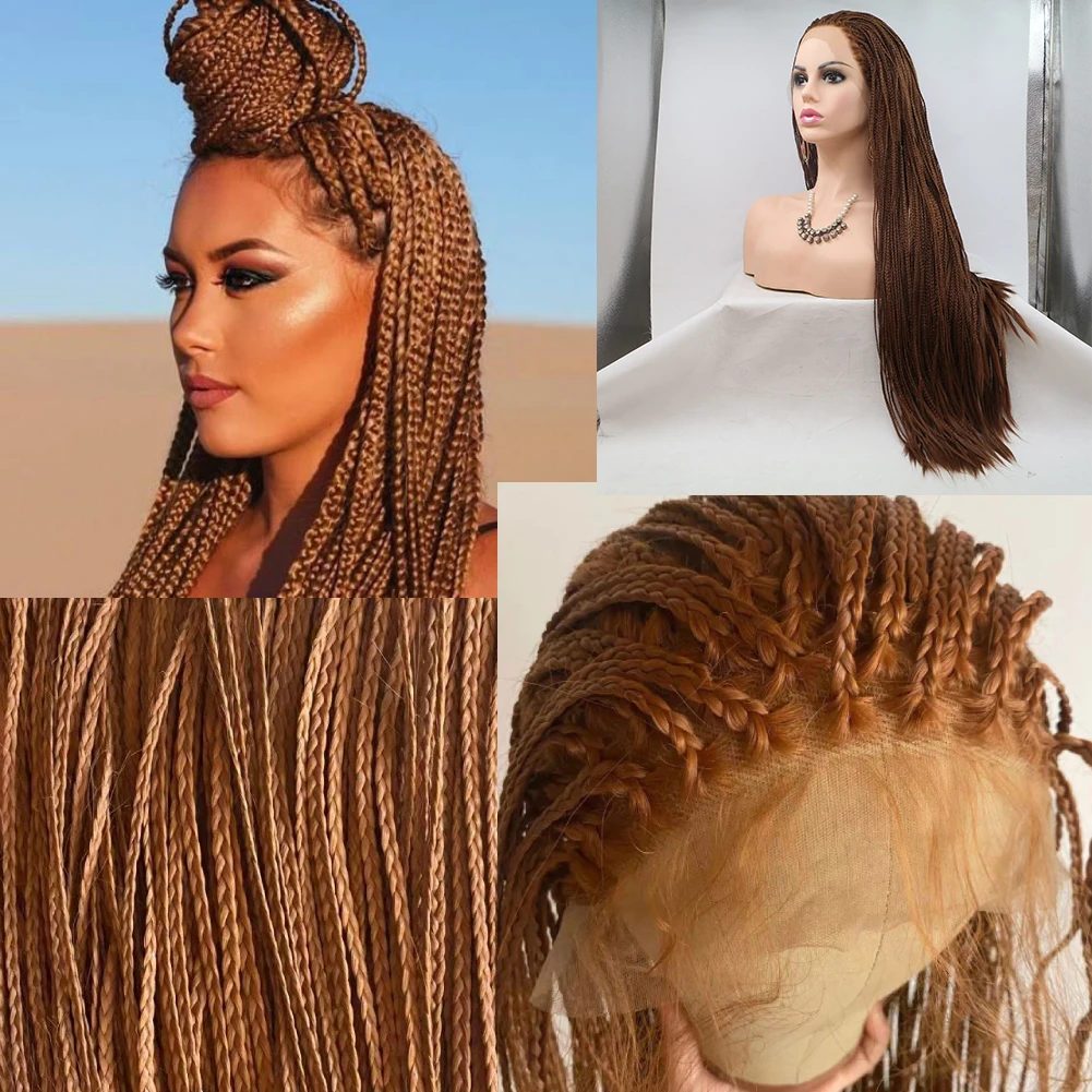 26 Inch Brown Color Long Synthetic Lace Front Wigs Box Braided Wigs For Black Women Braided Wig Heat Resistant Braiding Hair