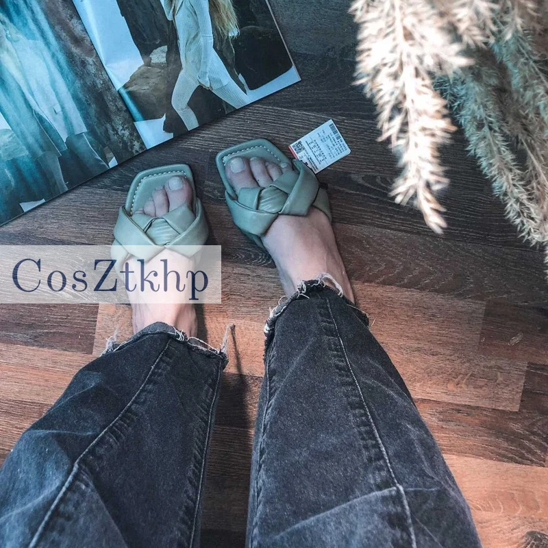 

CosZtkhp Fashion Green Leather Weave Women Sandals Square Toe Open Toe Slippers Women 2021 New Chic Beach Women Flat Slippers