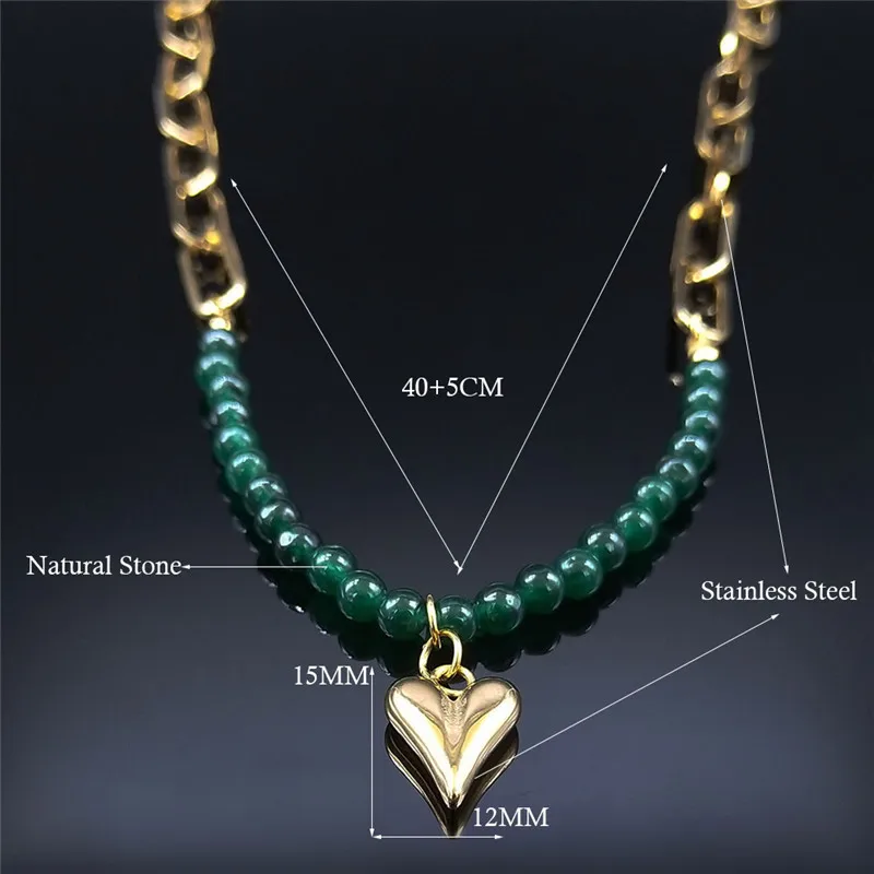 

Love Heart Stainless Steel Green Natural Stone Chain Necklaces Women/Men Gold Color Necklace Jewelry colier femme NK142S04