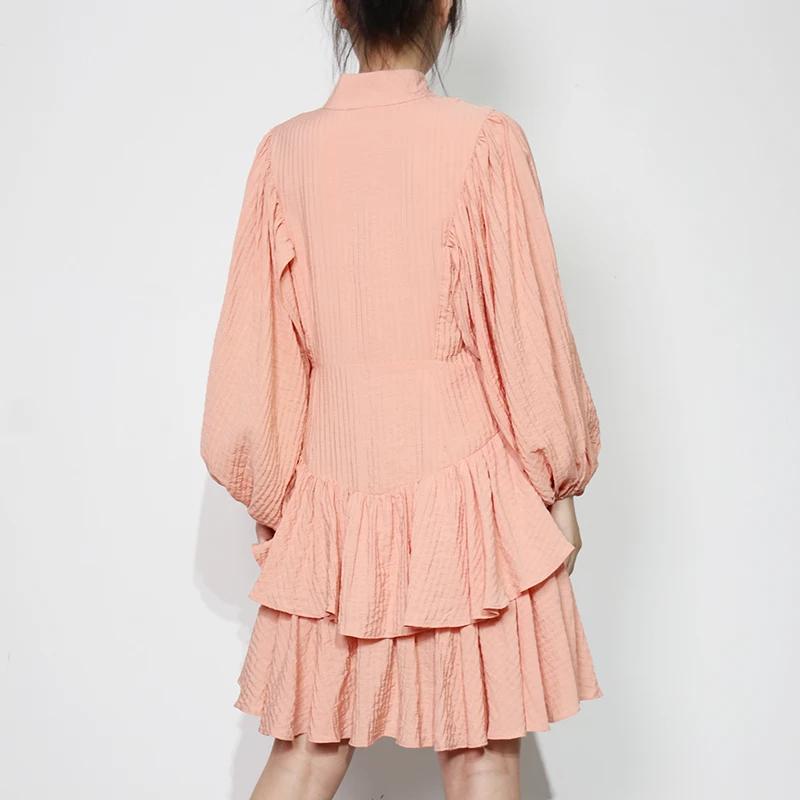 

Black Patchwork Ruffle Dress For Women V Neck Lantern Long Sleeve High Waist Mini Dresses Female Fashion New 2021