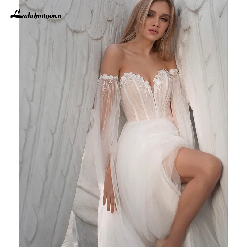

Charming A-line Tulle Wedding Dress 2021 Sexy Lace Appliques Sweep Train Bridal Gowns high quality Lakshmigown