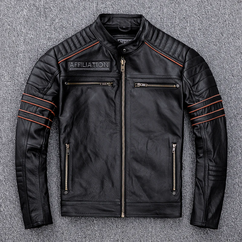 Black Men Skulls Embroidery Motorcycle Leather Jacket Plus Size XXXXL Genuine Cowhide Spring Slim Fit Biker's Leatther Coat