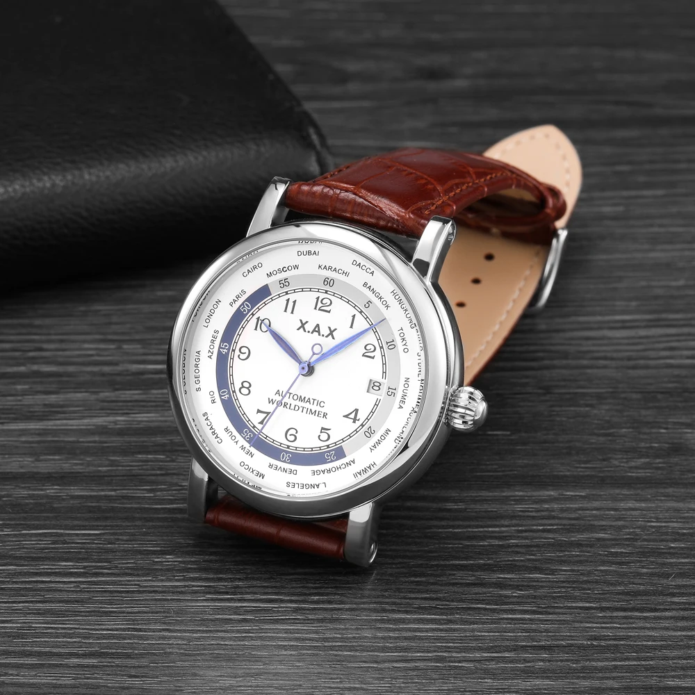 Автоматические Мужские часы Worldtimer механические наручные с автоподзаводом из