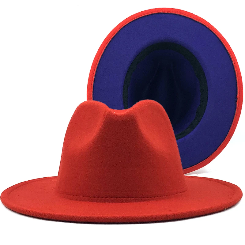 

orange with purple green Bottom Patchwork Panama Wool Felt Jazz Fedora Hats Women Men Wide Brim Party Cowboy Trilby Gambler Hat