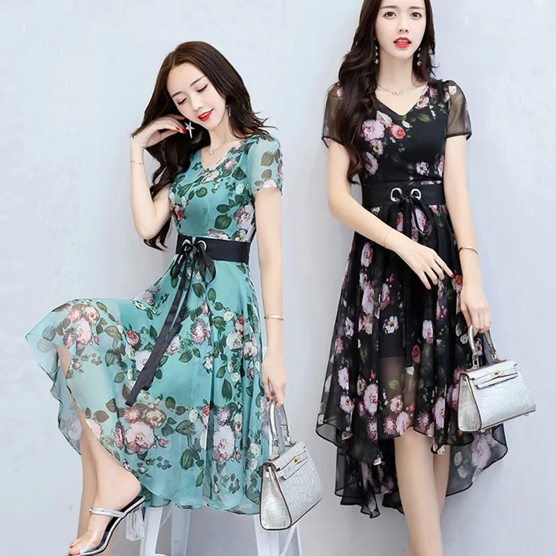 

Maxi dress 2020 summer new dress female Korean version of the slim slimming printed chiffon elegant swallowtail chiffon dress