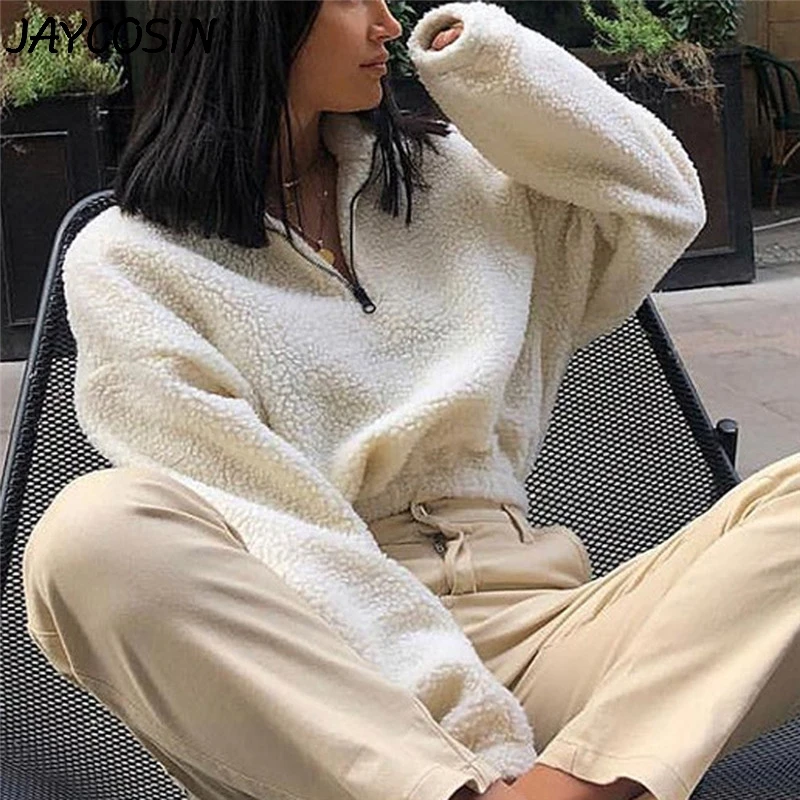 JAYCOSIN Женская толстовка плюшевая однотонная на молнии с воротником-стойкой и
