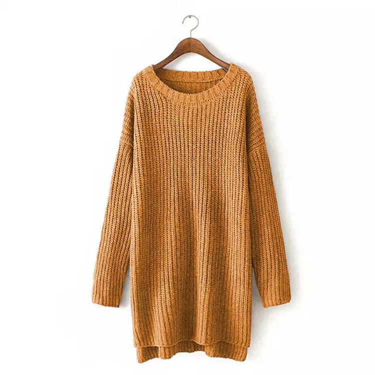 Europen Women Autumn Winter Long Pull Sweaters O neck Side Split Oversize Knitted Sweater Pullovers Fall Thick Sweaters