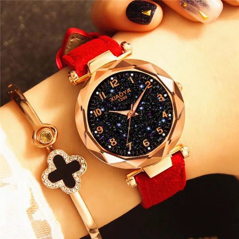 Модные женские часы с циферблатом звездного неба роскошные из розового золота