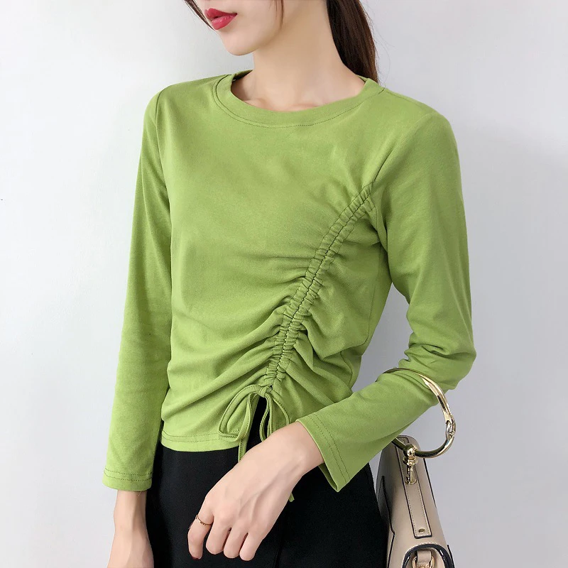 

2021 Autumn Winter Korean Fashion Long Sleeve Women T Shirts Sexy Sweet Drawstring Slim Tunics Harajuku Basic White Black Green
