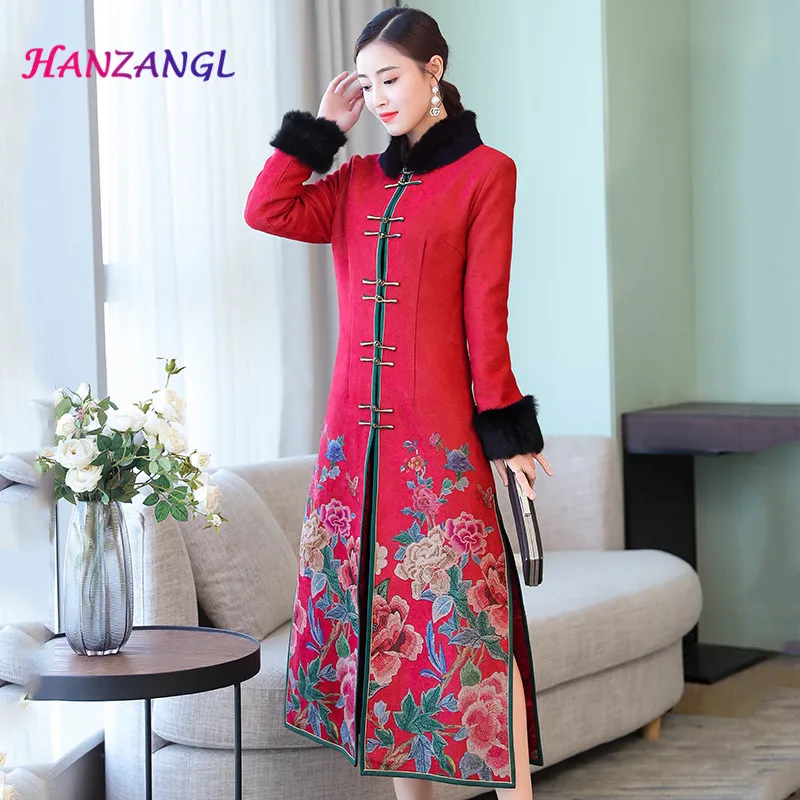 Китайское традиционное женское платье Чонсам с длинным рукавом Qipao толстый