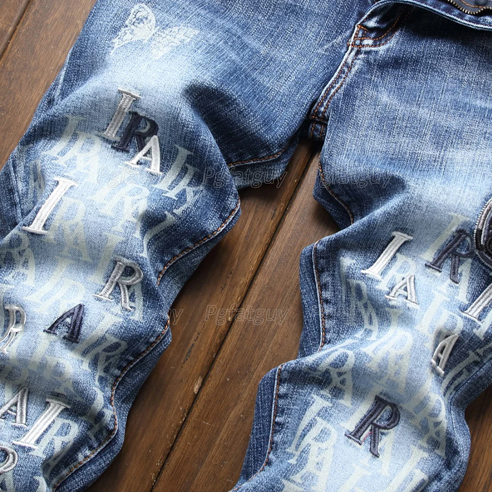 

European and American Style Letter Embroidery Men's Stretch Jeans Fashion Slim Streetwear 2021 Autumn Casual Denim Pants