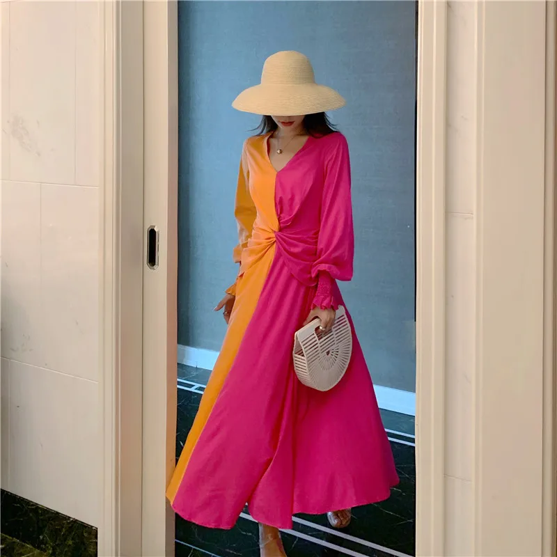 

Fashion patchwork long beach dress women summer V-neck long-sleeved bandage pleated dress ladies casual holiday maxi dress