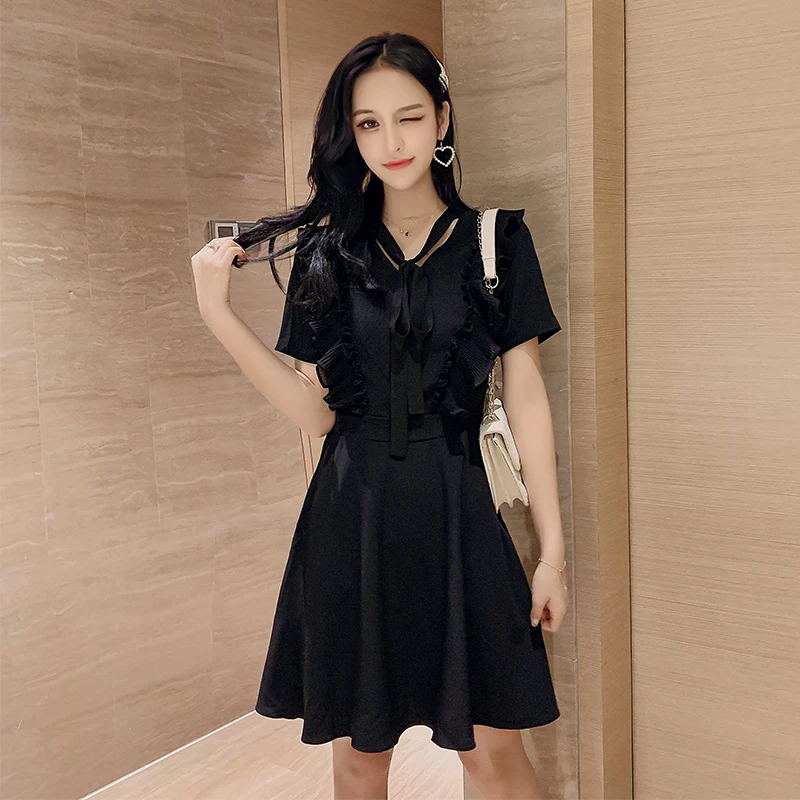 

Женское винтажное мини-платье с оборками, Элегантное повседневное платье с коротким рукавом и V-образным вырезом, одежда в Корейском стиле д...